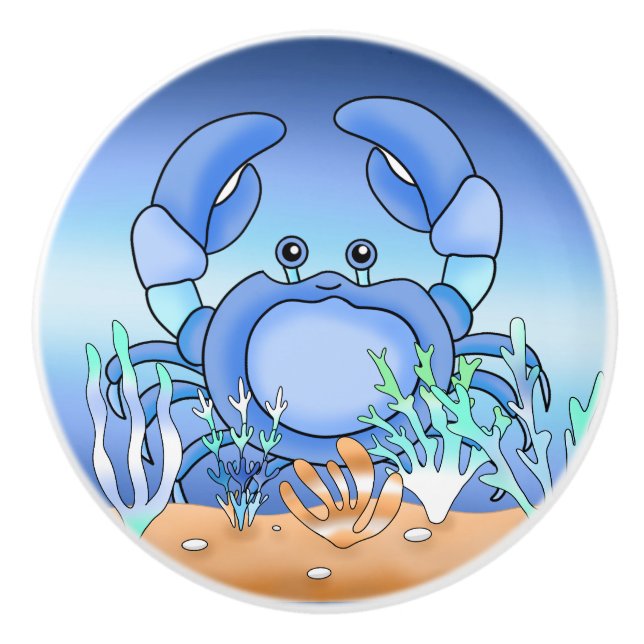 Cute Blue Crab Nautical Beach House Ceramic Knob (Front)