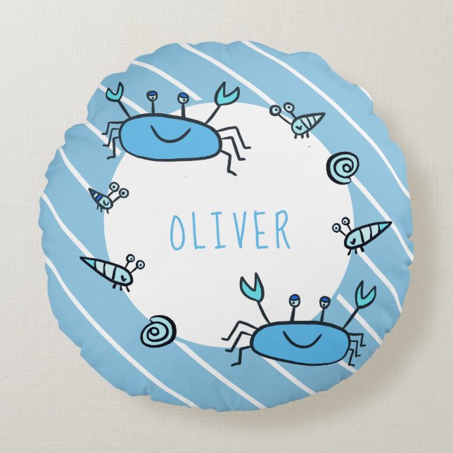 Cute Blue Crab Sea Animal Boy Name  Round Cushion (Front)