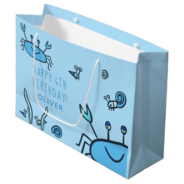 Cute Blue Crab Sea Animals Boy Happy Birthday Large Gift Bag (Front Angled)