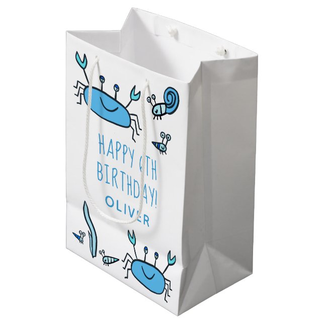 Cute Blue Crab Sea Animals Boy Happy Birthday Medium Gift Bag (Front Angled)