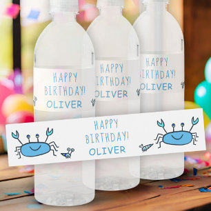 Cute Blue Crab Sea Animals Boy Happy Birthday Water Bottle Label