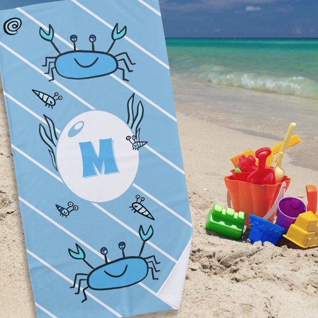 Cute Blue Crab Sea Animals Kids Monogram Beach Tow Towel (Creator Uploaded)