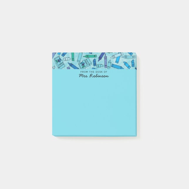 Cute Blue Crayons Teacher From the Desk of 3x3 Post-it Notes (Front)