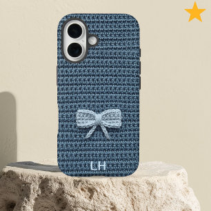 Cute Blue Crochet Bow Yarn Custom Name iPhone 16 Case