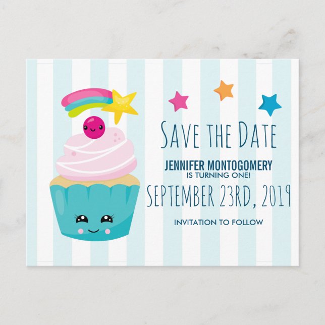 Cute Blue Cupcake Birthday Save the Date Postcard (Front)
