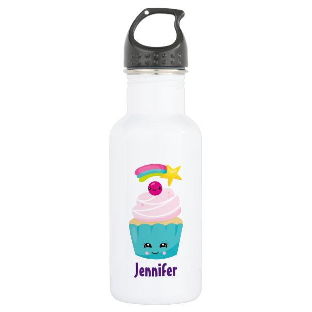 Cute Blue Cupcake with Kawaii Face 532 Ml Water Bottle (Front)