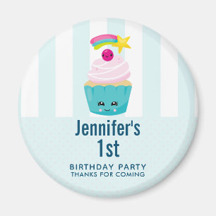 Cute Blue Cupcake with Kawaii Face Birthday Favor Magnet