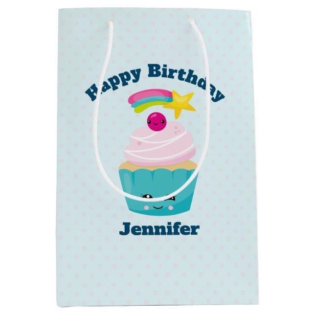 Cute Blue Cupcake with Kawaii Face Birthday Medium Gift Bag (Front)