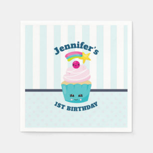 Cute Blue Cupcake with Kawaii Face Birthday Napkin