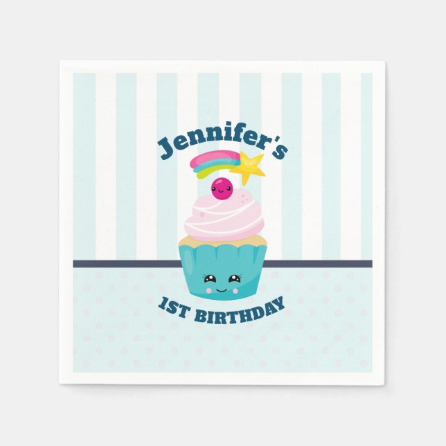 Cute Blue Cupcake with Kawaii Face Birthday Napkin (Front)