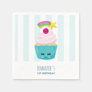 Cute Blue Cupcake with Kawaii Face Birthday Napkin