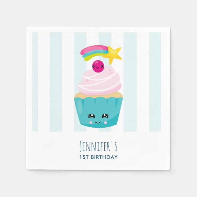 Cute Blue Cupcake with Kawaii Face Birthday Napkin (Front)
