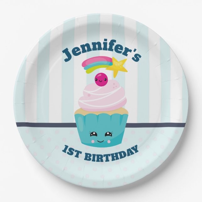 Cute Blue Cupcake with Kawaii Face Birthday Paper Plate (Front)