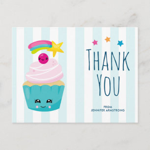 Cute Blue Cupcake with Kawaii Face Birthday Thanks Postcard