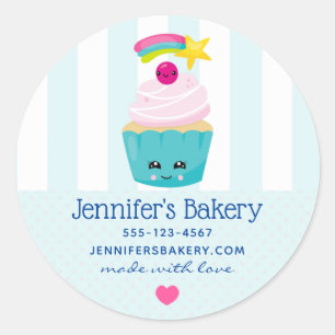 Cute Blue Cupcake with Kawaii Face Business Classic Round Sticker