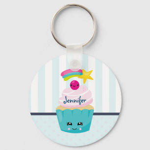 Cute Blue Cupcake with Kawaii Face Key Ring
