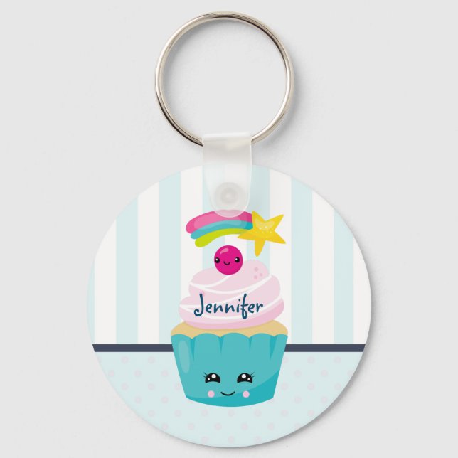 Cute Blue Cupcake with Kawaii Face Key Ring (Front)