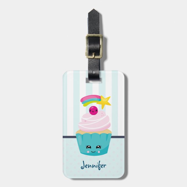 Cute Blue Cupcake with Kawaii Face Luggage Tag (Front Vertical)