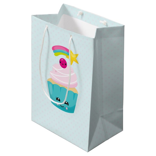 Cute Blue Cupcake with Kawaii Face Medium Gift Bag (Front Angled)