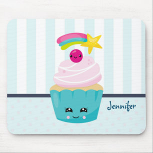 Cute Blue Cupcake with Kawaii Face Mouse Mat