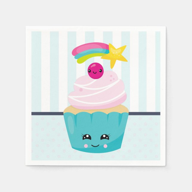 Cute Blue Cupcake with Kawaii Face Napkin (Front)