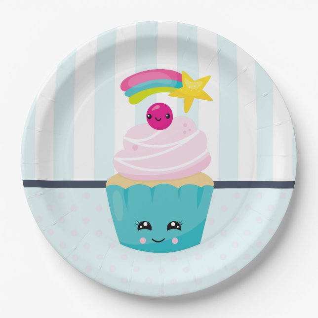 Cute Blue Cupcake with Kawaii Face Paper Plate (Front)