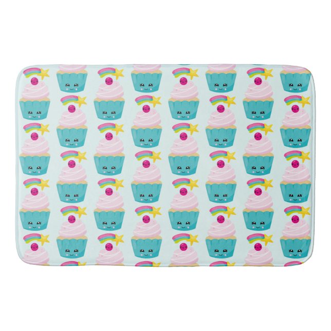Cute Blue Cupcake with Kawaii Face Pattern Bath Mat (Front)