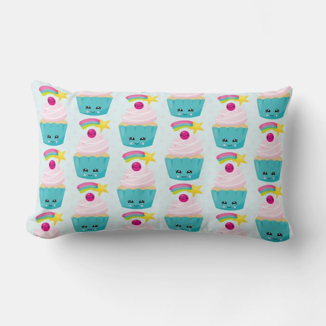 Cute Blue Cupcake with Kawaii Face Pattern Lumbar Cushion (Front)