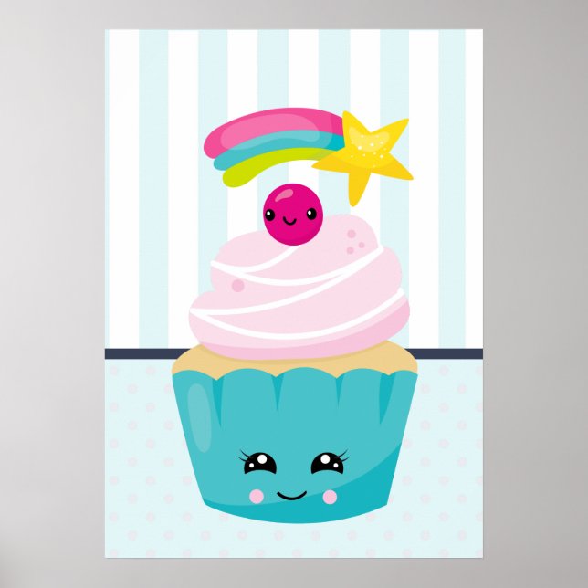 Cute Blue Cupcake with Kawaii Face Poster (Front)