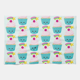 Cute Blue Cupcake with Kawaii Face Tea Towel