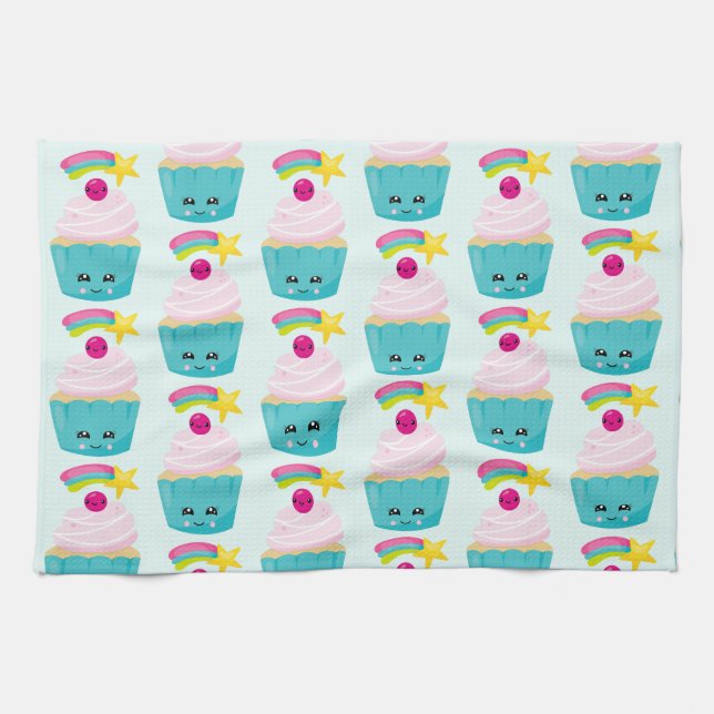 Cute Blue Cupcake with Kawaii Face Tea Towel (Horizontal)