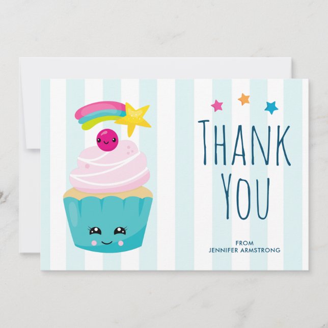 Cute Blue Cupcake with Kawaii Face Thank You Card (Front)