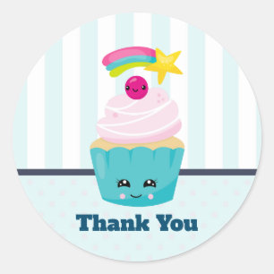 Cute Blue Cupcake with Kawaii Face Thank You Classic Round Sticker