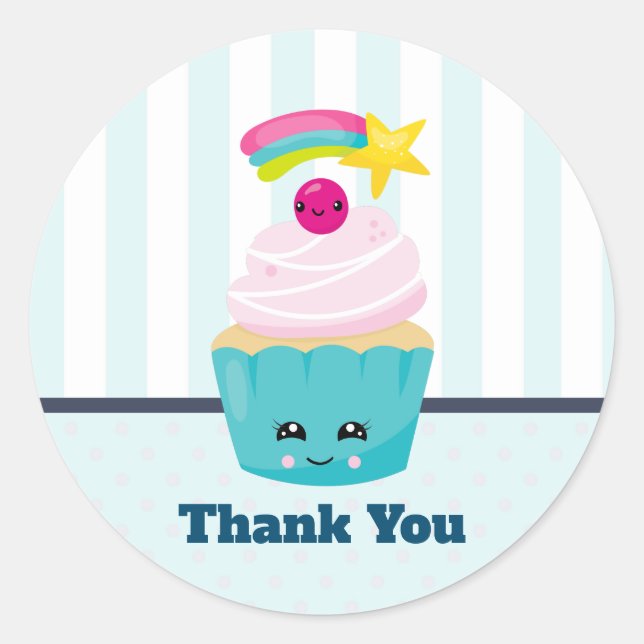 Cute Blue Cupcake with Kawaii Face Thank You Classic Round Sticker (Front)