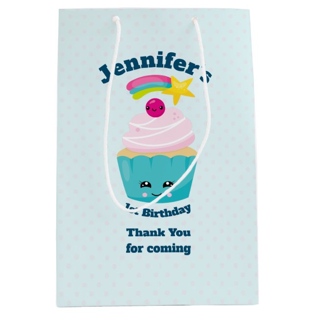 Cute Blue Cupcake with Kawaii Face Thank You Medium Gift Bag (Front)