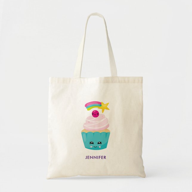 Cute Blue Cupcake with Kawaii Face Tote Bag (Front)