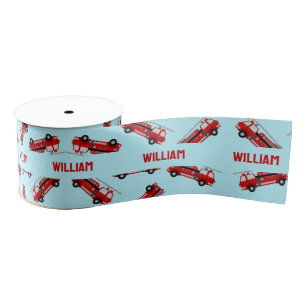 Cute Blue Custom Name Firetruck Kids Birthday Grosgrain Ribbon
