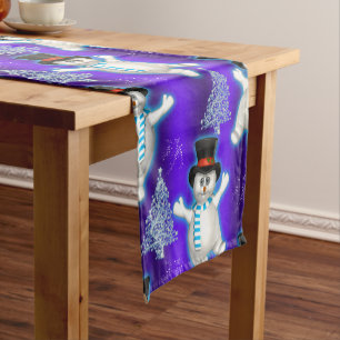 Cute Blue Dancing Snowman Christmas Short Table Runner