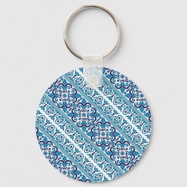 Cute blue decorative ukrainian patterns design key ring (Front)