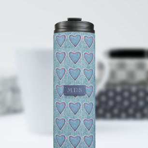 Cute Blue Denim Heart Pattern Monogram Thermal Tumbler