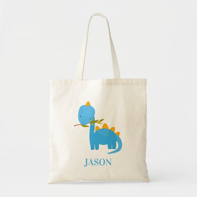 Cute Blue Dino with Custom Name Kids Tote Bag (Front)