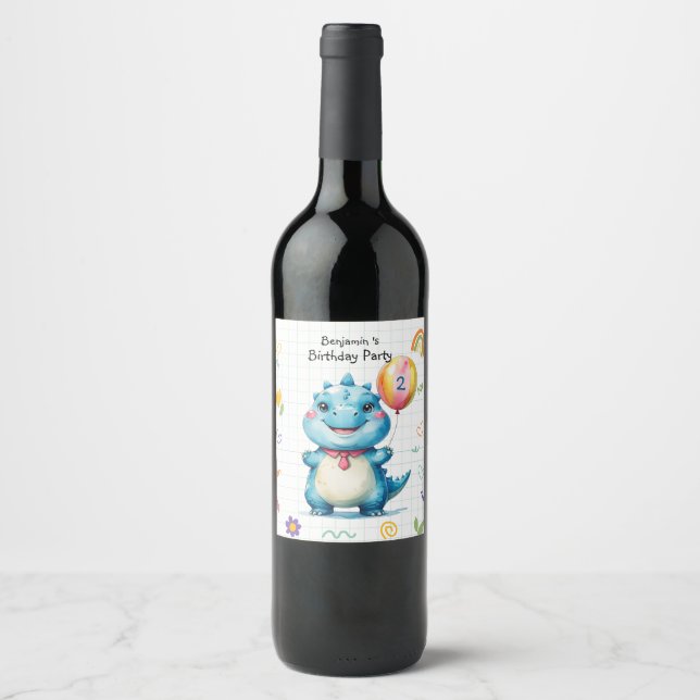Cute Blue Dinosaur Balloon Boy birthday party Wine Label (Front)