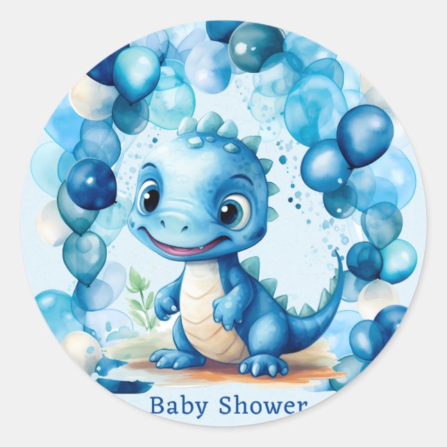 Cute Blue Dinosaur Balloons Boy Baby Shower Classic Round Sticker (Front)