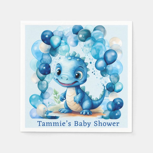 Cute Blue Dinosaur Balloons Boy Baby Shower Napkin (Front)