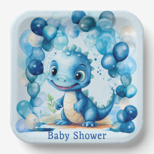 Cute Blue Dinosaur Balloons Boy Baby Shower Paper Plate