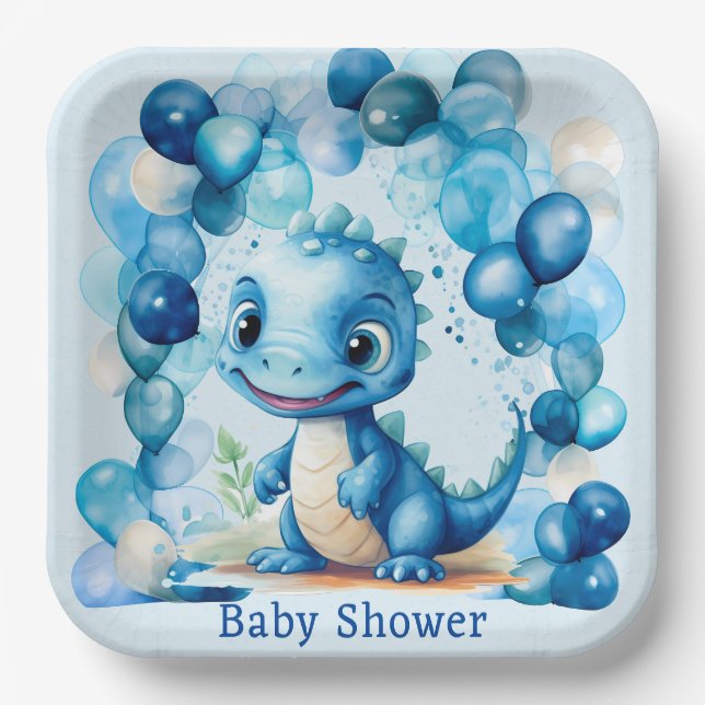 Cute Blue Dinosaur Balloons Boy Baby Shower Paper Plate (Front)