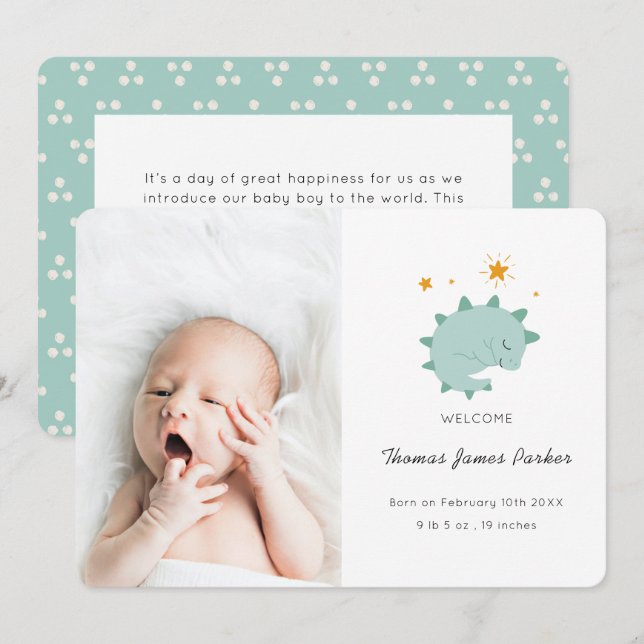 Cute Blue Dinosaur Boy Baby Photo Birth Announcement (Front/Back)