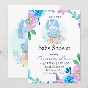 Cute Blue Dinosaur  Floral Teacup Boy Baby Shower Invitation