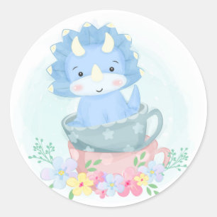 Cute Blue Dinosaur Inside Teacups Classic Round Sticker