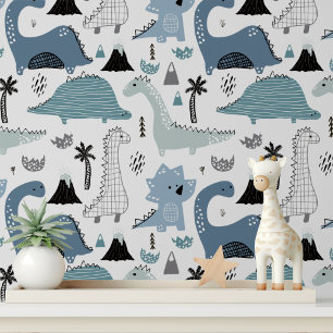 Cute Blue Dinosaur Nursery Peel and Stick Wallpaper